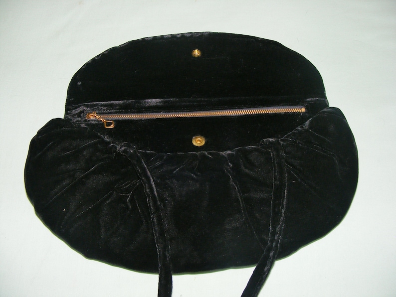 40s Black Rayon Velvet Evening Bag Garay Made in the U.S.A. Ruffled Pouch VFG image 3