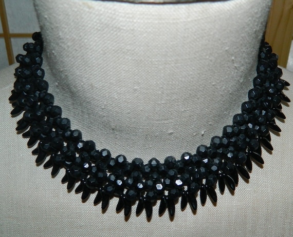Goth Vintage Black Bib Necklace Glass Pepper or C… - image 1