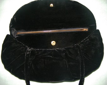 40s Black Rayon Velvet Evening Bag Garay Made in the U.S.A. Ruffled Pouch VFG