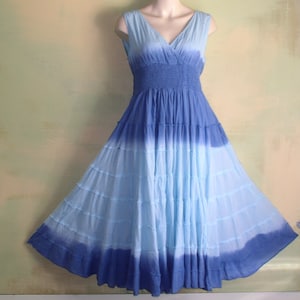 M Blue Ombre Full Circle Dress Made in Mexico Light Summer Cotton Sleeveless Smocked Waist Criss Cross Bust VFG
