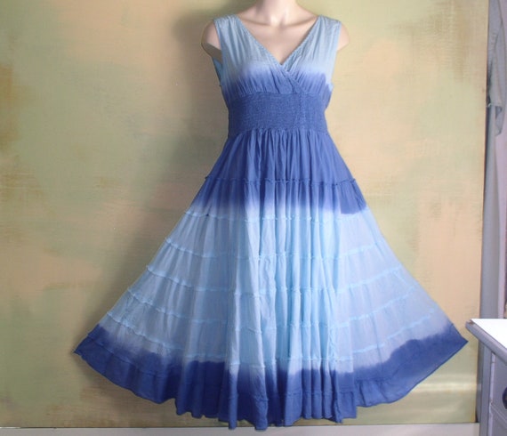 M Blue Ombre Full Circle Dress Made in Mexico Light Summer Cotton Sleeveless Smocked Waist Criss Cross Bust