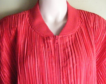 Vintage 80s Red Crinkle Pleated Satin Jacket, Oversized Disco Style