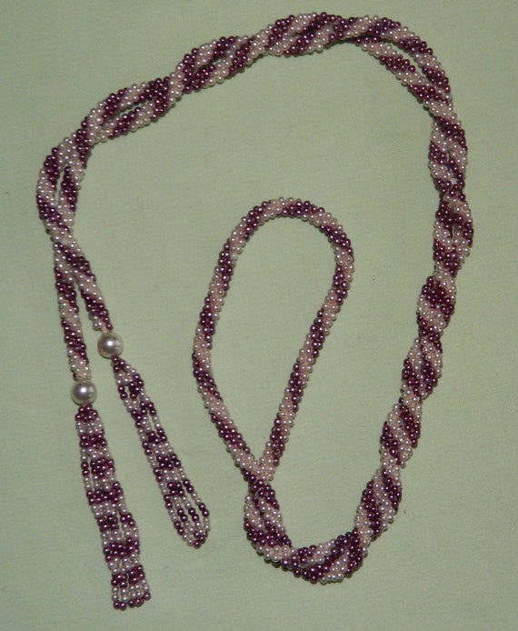 70s Lavender and Pearl Lariat Spiral Rope Necklac… - image 1