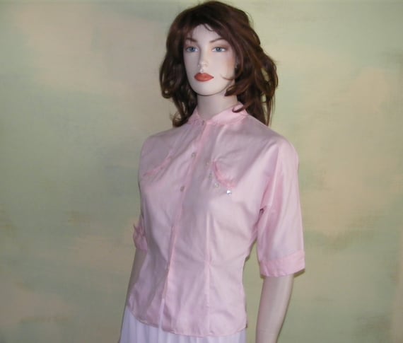 XS Vintage 1950s Pink Western Shirt: Cowgirl Crop Top, Smiley Pockets