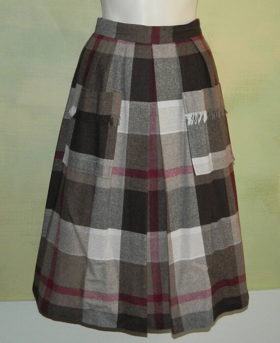 S M 27 Waist 1970s Vintage Plaid Skirt Brown Burg… - image 4