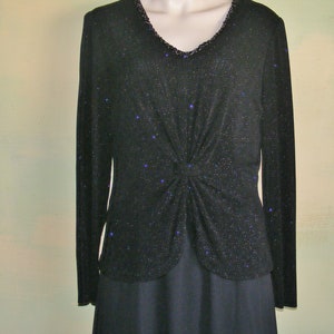 M Vintage 80s Black Metallic Formal Party Dress Patra Prom Starburst Pieced Knit Beaded Plunge Neckline Sheer Skirt VFG