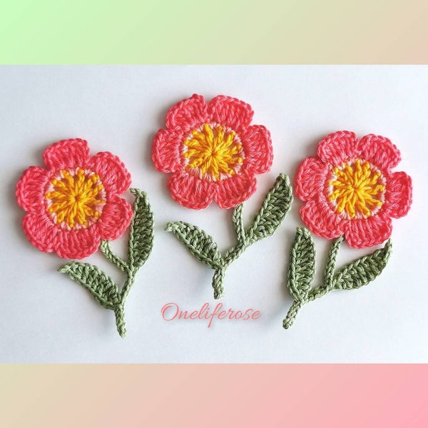 Crochet Flower 3.pcs Flowers+ 3.Pieces Leaves with stem