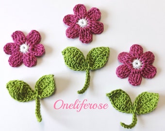 Crochet Flower 3.pcs Flowers+ 3.Pieces Leaves