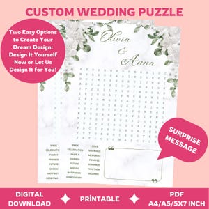 Puzzle de recherche de mots de mariage, jeu modifiable pour la douche nuptiale, activité de message caché personnalisée, modèle de toile, jeu d'invités imprimable