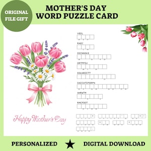 Puzzle personnalisé de recherche de mots pour maman, carte de fête des mères à message caché imprimable, idée cadeau numérique florale, surprise personnalisée pour elle