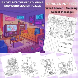 Cozy 90s Vibes Coloring Book, Fun Coloring Pages with Word Search Puzzle, Stress Relief