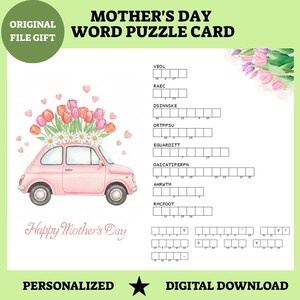 Leuke bloemen Moederdag puzzelkaart, pastelroze auto met tulpen woordzoeker, afdrukbaar digitaal cadeau voor moeder, leuke aangepaste activiteitverrassing