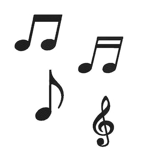 May include: A set of four black musical notes, including a treble clef. The notes are arranged in a random pattern.
