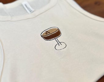 Espresso Martini Embroidered Tank Top: Fitted Micro Ribbed Crop Shirt