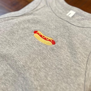 Embroidered Hotdog Crop Tank Top: Y2K Foodie Festival Shirt