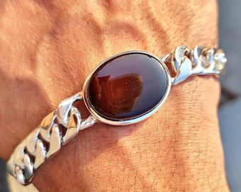 Handcrafted Yemeni Aqeeq Bracelet For Men, Natural Agate Bracelet, 925 Sterling Silver Aqeeq Bracelet