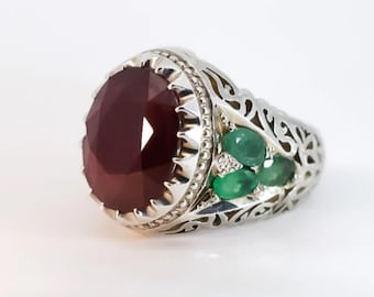 Handcrafted 12 Carats Ruby Ring, Natural Emerald Sterling Silver 925 Yaqoot Ring Ruby Gemstone Ring