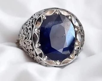 Handcrafted Big Blue Sapphire Ring, Mens Sapphire Ring, Natural Sapphire 925 Sterling Silver Ring, Neelam Ring