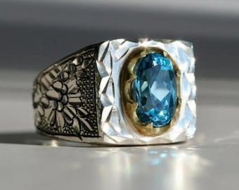 Handcrafted Natural Blue Topaz Ring For Men, 925 Sterling Silver Topaz Stone Ring, Real Topaz Ring