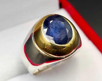 Handcrafted Mens Sapphire Ring, Blue Sapphire Ring, Natural Sapphire 925 Sterling Silver Ring, Neelam Ring