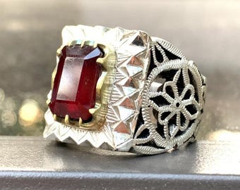 Handcrafted 5 Carats Emerald Cut Ruby Ring, Natural Ruby Sterling Silver 925 Yaqoot Ring Ruby Gemstone Ring
