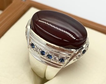 Handcrafted Yemeni Aqeeq Ring For Men, Natural Agate Rings, 925 Sterling Silver Aqeeq Ring Shia Rings