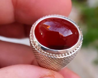 Handcrafted Yemeni Aqeeq Ring For Men, Natural Agate Rings, 925 Sterling Silver Aqeeq Ring Shia Rings
