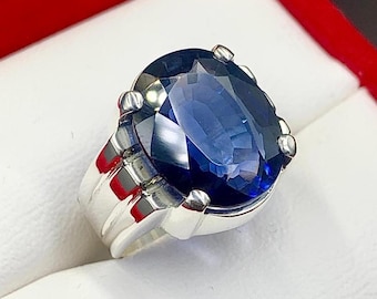 Handcrafted Big Blue Sapphire Ring, Mens Sapphire Ring, Sapphire 925 Sterling Silver Ring, Neelam Ring