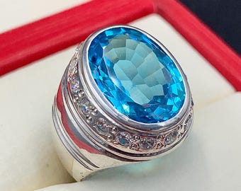 Handcrafted Blue Topaz Ring For Men, 925 Sterling Silver Topaz Stone Ring, Man Made Topaz Ring