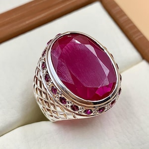 Anel masculino grande com rubi vermelho profundo, prata esterlina 925, feito à mão, anel Anari Yaqoot, anel com pedra preciosa Roby