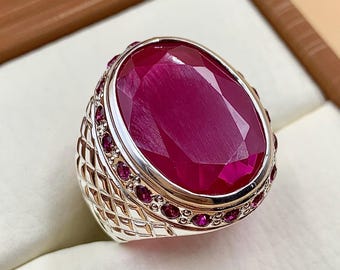 Handcrafted Big Deep Red Ruby Mens Ring Sterling Silver 925 Anari Yaqoot Ring Roby Gemstone Ring