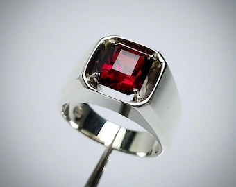 Handcrafted Deep Red Garnet Ring Sterling Silver 925 Garnet Ring For Men January Birthstone, Natural Garnet