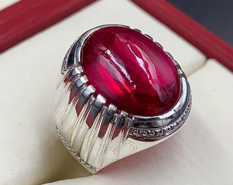 Handcrafted Big Deep Red Ruby Mens Ring Sterling Silver 925 Anari Yaqoot Ring Roby Gemstone Ring