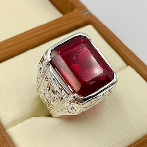 Anel masculino grande com rubi vermelho profundo, prata esterlina 925, feito à mão, anel Anari Yaqoot, anel com pedra preciosa Roby