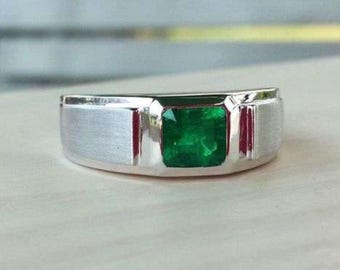 Handcrafted 2 Carat Rich Green Emerald Ring For Men, 925 Sterling Silver Emerald Stone Ring, Emerald Gemstone Ring