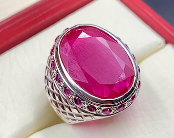Handcrafted Big Deep Red Ruby Mens Ring Sterling Silver 925 Anari Yaqoot Ring Roby Gemstone Ring