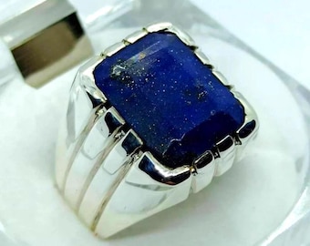 Handcrafted Mens Lepis Lazuli Ring, Lajward Ring, 925 Sterling Silver Blue Lapis Stone Ring
