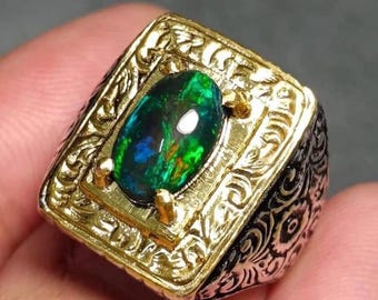 Handcrafted 18k Gold Plated Natural Ethiopian Fire Black Opal Stone Sterling Silver Ring AAA Quality Opal Ring