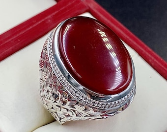 Handgefertigter jemenitischer Achatring für Herren, Naturachatring, 925er Sterlingsilber-Achatring, schiitischer Ring