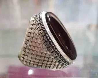 Handcrafted Big Yemeni Aqeeq Ring For Men, Natural Agate Rings, 925 Sterling Silver Aqeeq Ring Shia Rings