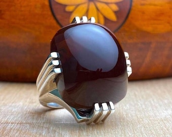Handgefertigter jemenitischer Achatring für Herren, Naturachatring, 925er Sterlingsilber-Achatring, schiitischer Ring