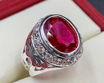 Handcrafted Deep Red Ruby Mens Ring Sterling Silver 925 Anari Yaqoot Ring Ruby Gemstone Ring