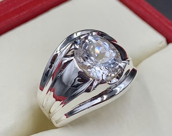 Handcrafted Mens Sapphire Ring, White Sapphire Ring, Natural Sapphire 925 Sterling Silver Ring, Neelam Ring