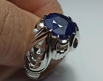 Handcrafted Mens Sapphire Ring, Blue Sapphire Ring, Natural Sapphire 925 Sterling Silver Ring, Neelam Ring