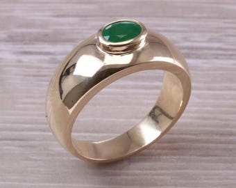 Handcrafted Genuine Green Emerald Men's Ring, Chunky Gold Plated 925 Sterling Silver Ring, Statement Ring, Gift For Christmas