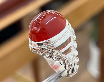 Handcrafted Yemeni Aqeeq Ring For Men, Natural Agate Rings, 925 Sterling Silver Aqeeq Ring Shia Rings