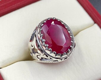 Handcrafted Big Deep Red Ruby Mens Ring Sterling Silver 925 Anari Yaqoot Ring Roby Gemstone Ring