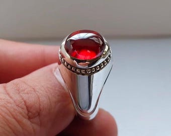 Handcrafted Big Deep Red Ruby Mens Ring Sterling Silver 925 Anari Yaqoot Ring Roby Gemstone Ring