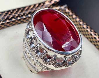 Handcrafted 40 Carats Deep Red Ruby Mens Ring Sterling Silver 925 Anari Yaqoot Ring Ruby Gemstone Ring