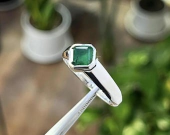 Handcrafted Square Cut Emerald Ring, Natural Emerald 925 Sterling Silver Ring, Zamurd Ring For Men